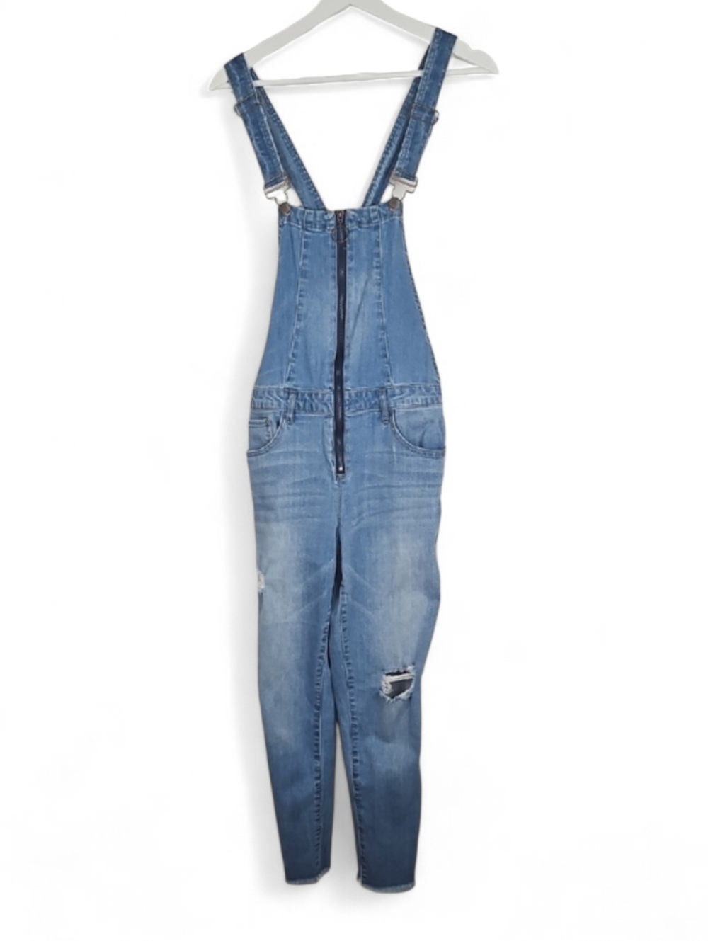 Dollhouse Denim Overalls Jeans in Medium Light Wash Zip Front w/ Pockets, 11